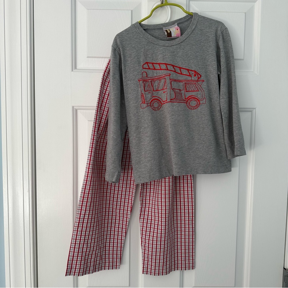 Banana Split Boys Gray & Red Fire Truck Check Pant & Long Sleeve Shirt Set Sz 6